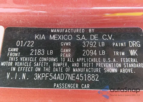 2022 Kia Forte Gt-Line z USA, uszkodzony, nr VIN 3KPF54AD7NE451882